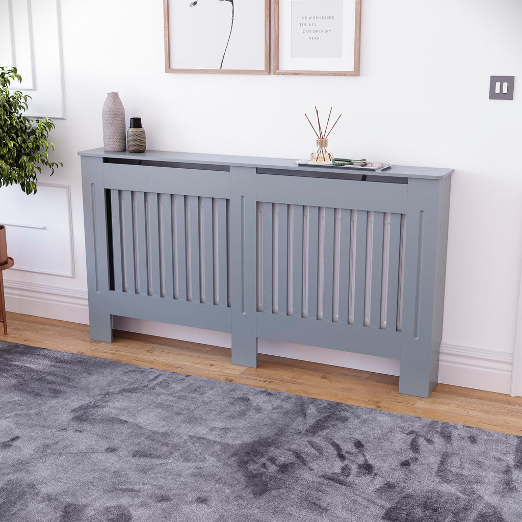 Vida Designs Chelsea Radiator Cover White - Medium - Modern Vertical Slat Design For Optimal Heat Circulation - H82xW111xD19cm - Painted MDF Cabinet Ideal For Living Room & Hallway