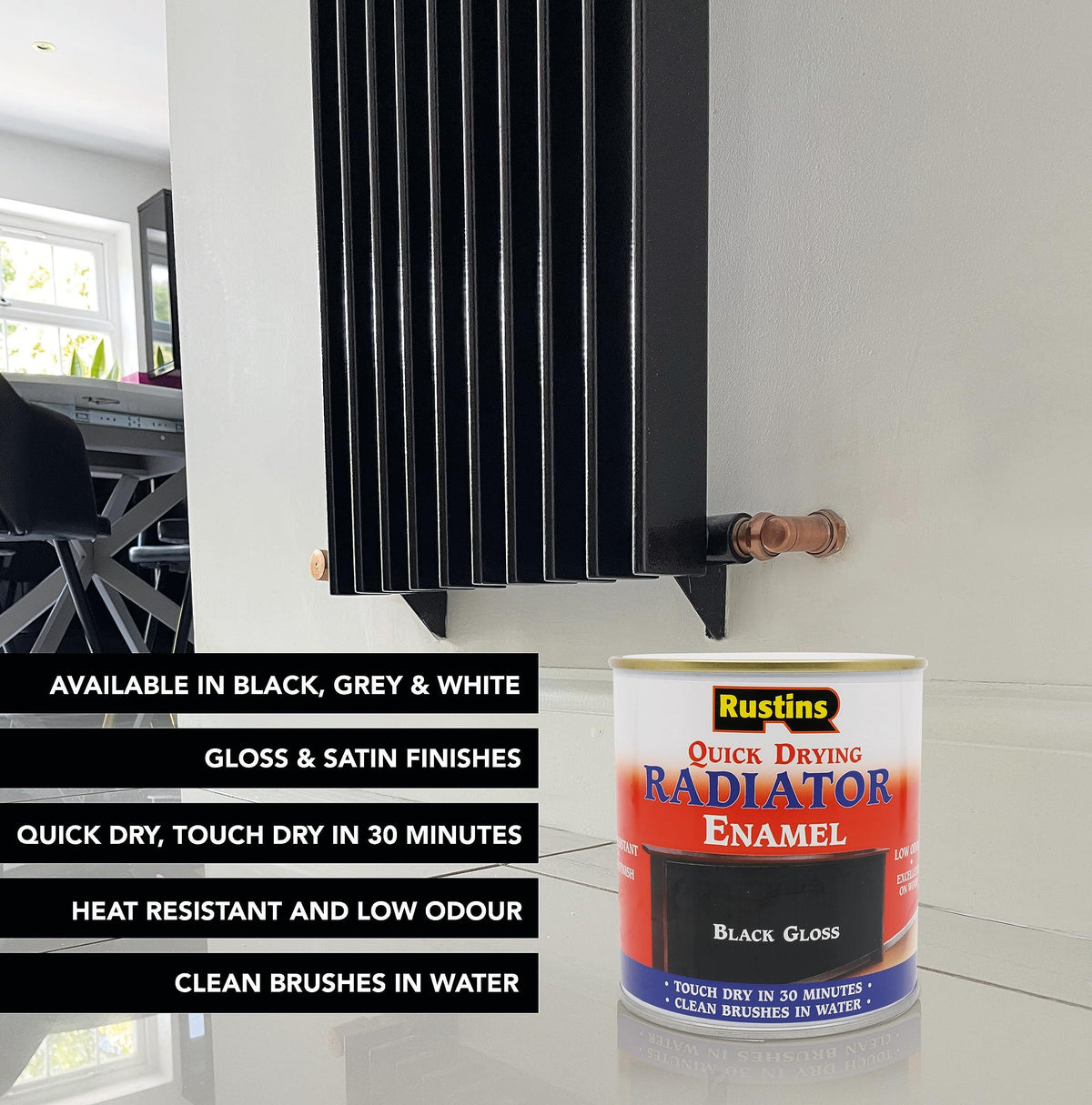 RUSTINS Quick Drying Radiator Enamel Satin - Black 250ml – Durable, Long-Lasting Finish for Radiators That Stands the Test of Time