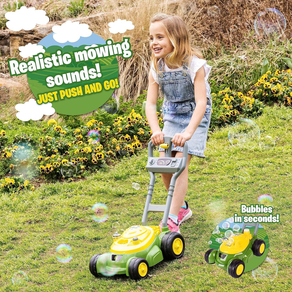 John Deere Bubble Lawn Mower for Toddlers, Bubble Blowing Machines, Indoor and Outdoor Gardening Toy, Birthday, Party Favor for Preschool Girls and Boys, No Batteries Required, 2+
