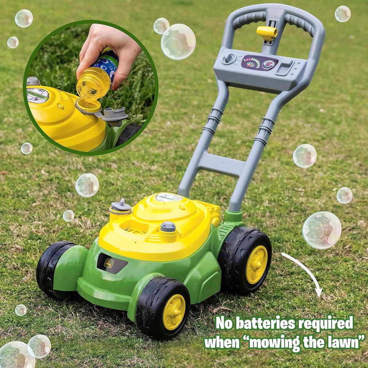 John Deere Bubble Lawn Mower for Toddlers, Bubble Blowing Machines, Indoor and Outdoor Gardening Toy, Birthday, Party Favor for Preschool Girls and Boys, No Batteries Required, 2+